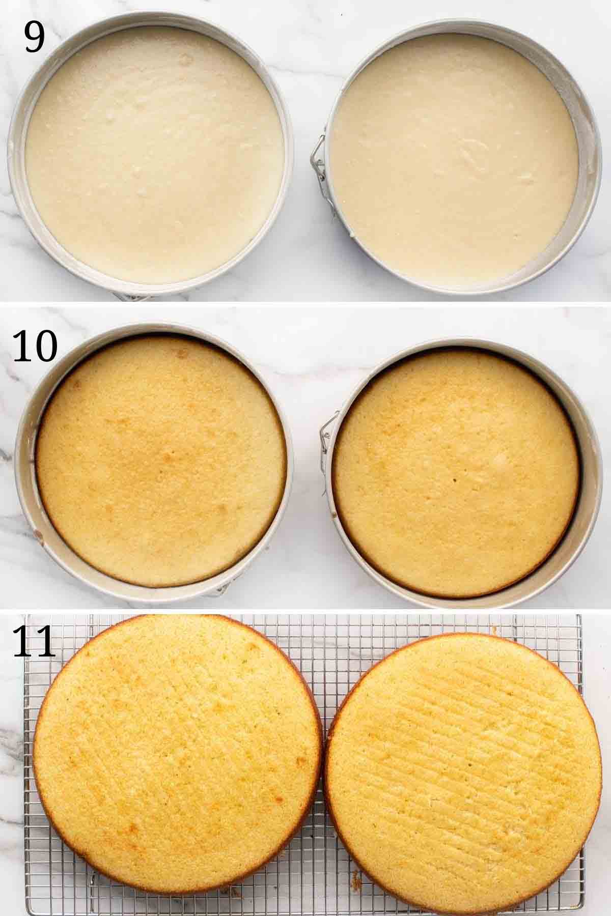 three images showing the process of baking the cake layers