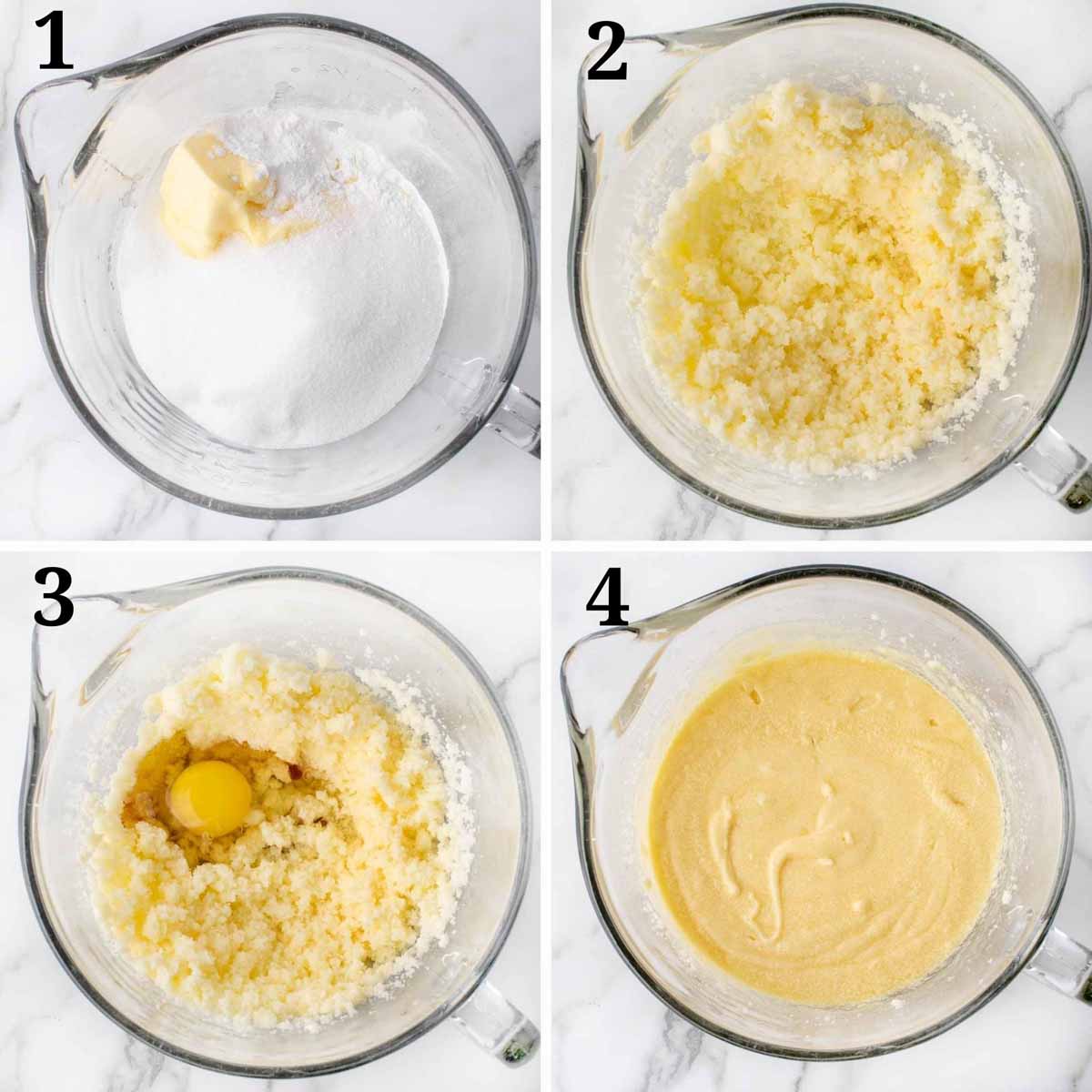 4 images showing how to start making a vanilla cake