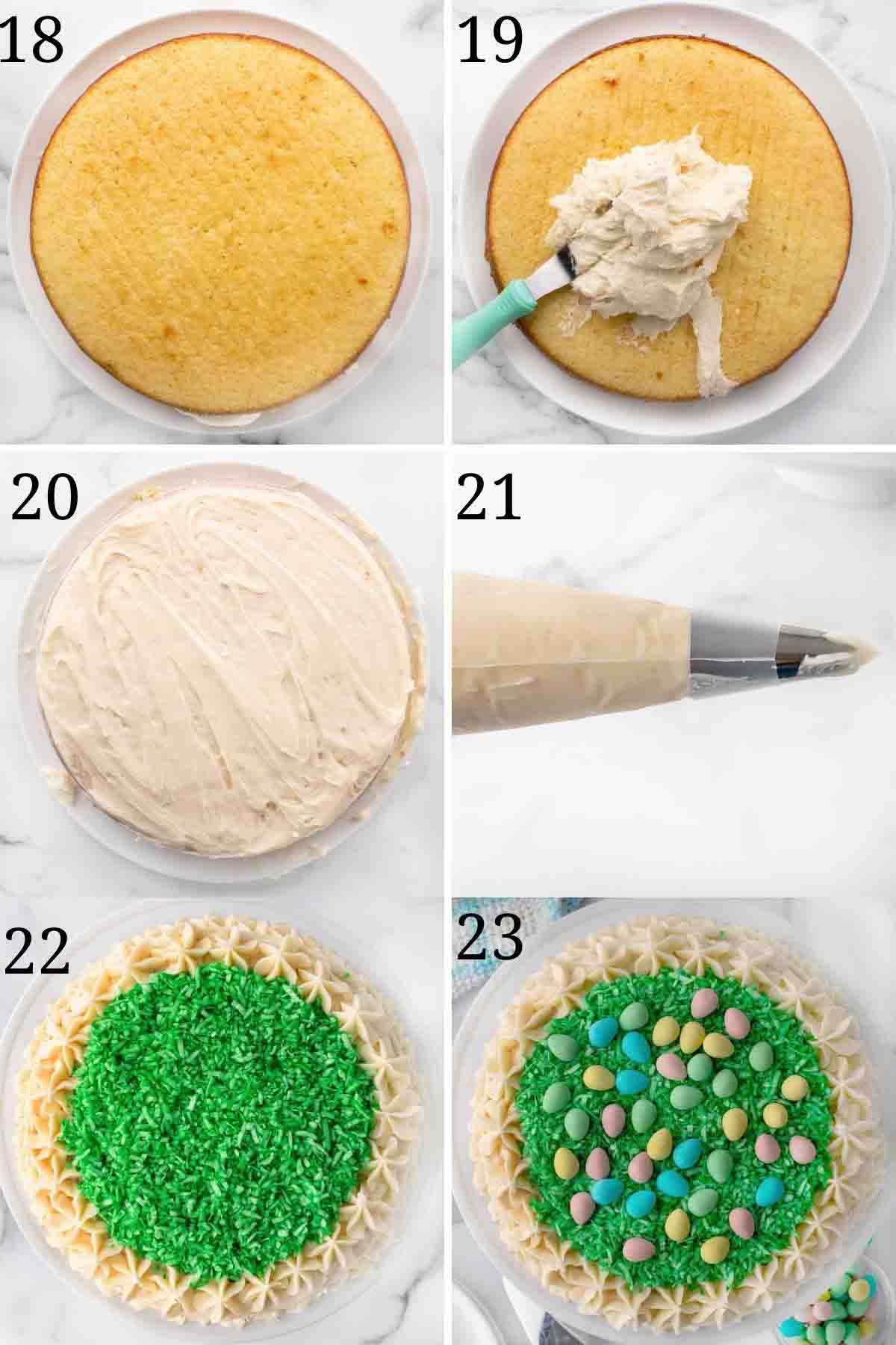 6 images showing how to assemble and decorate a coconut cake