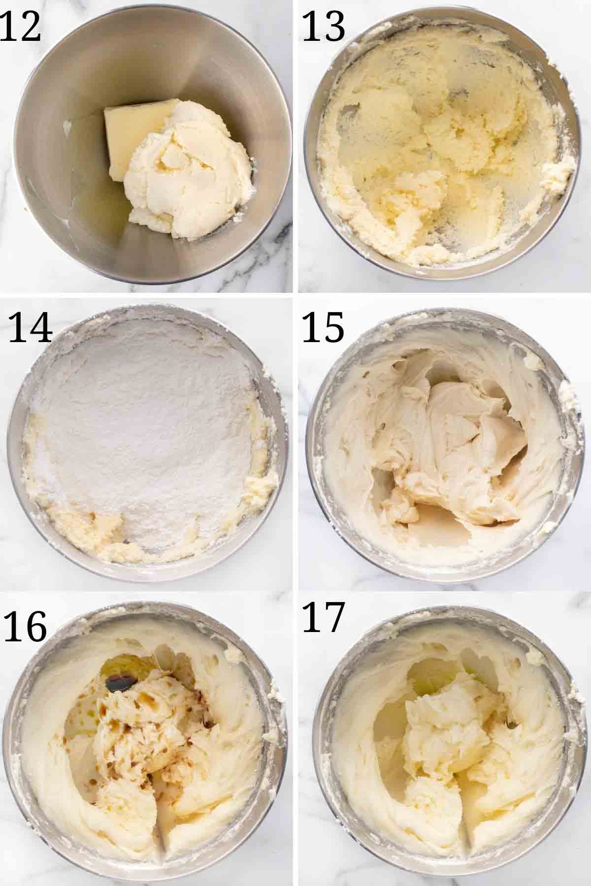 6 images showing how to make mascarpone frosting