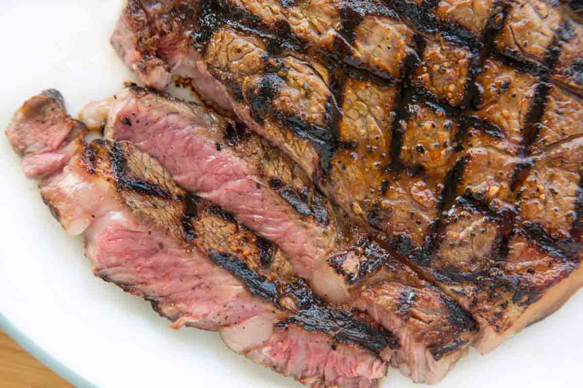 sliced grilled ribeye on white plate