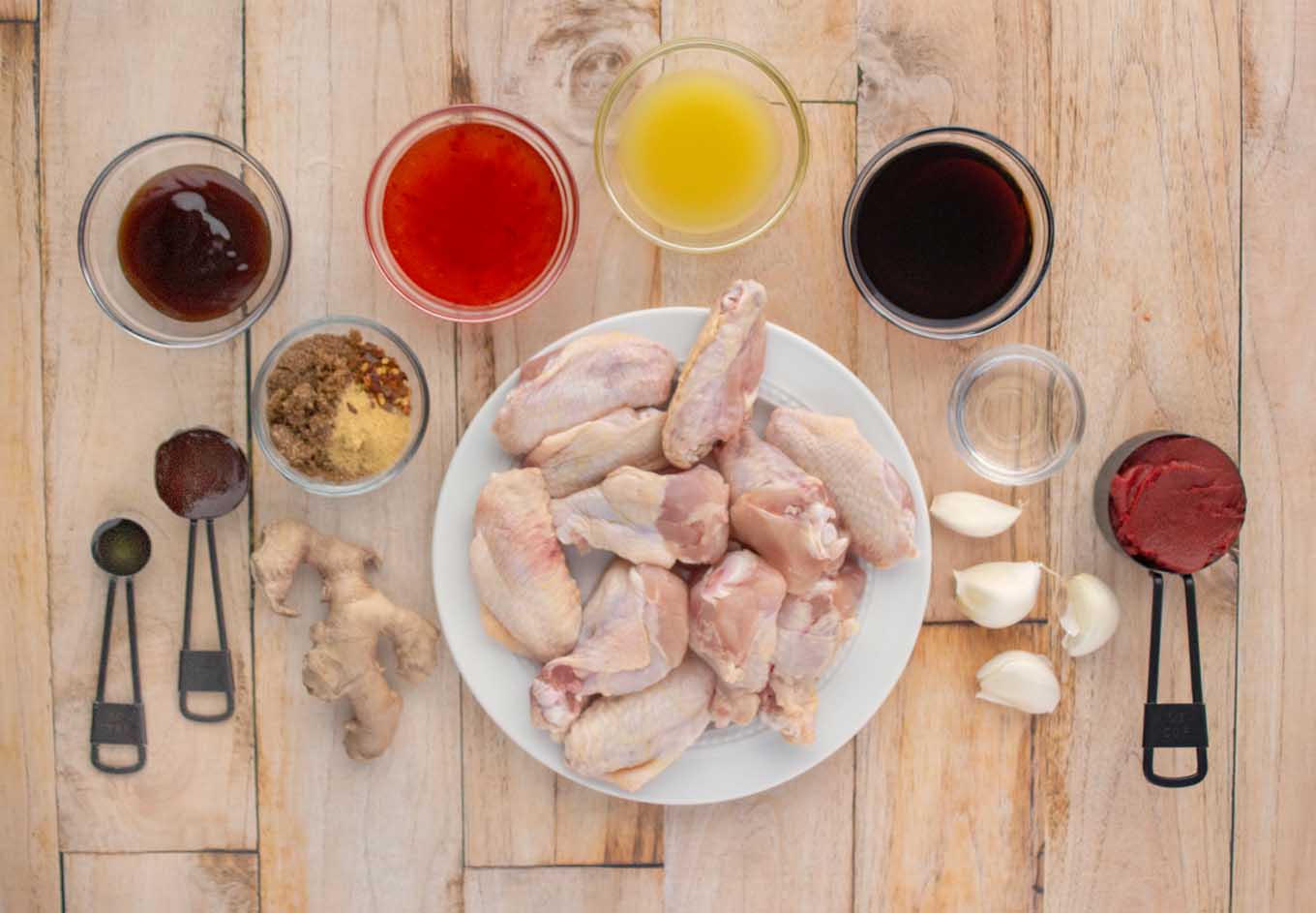 overhead view of ingredients to make Chinese Sticky Wings