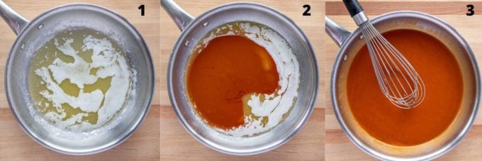 overhead view of three pans with melted butter, sauce ingredients, and finished sauce