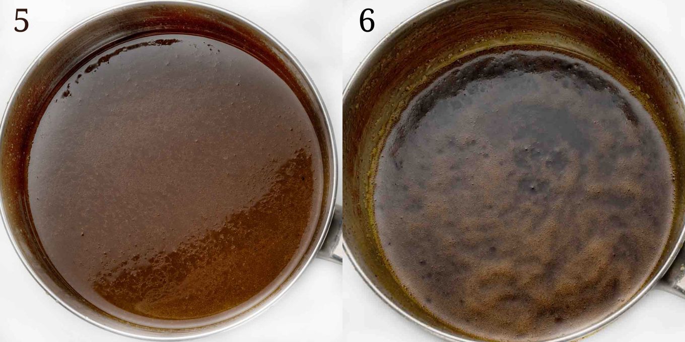 2 images showing the sticky sauce before an after the reduction of the sauce