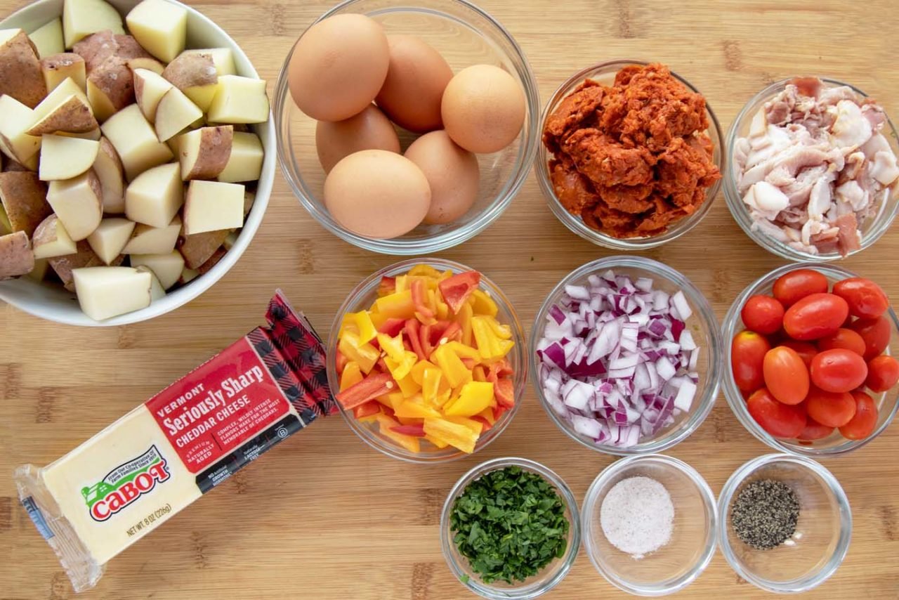 ingredients to make a cheesy skillet breakfast