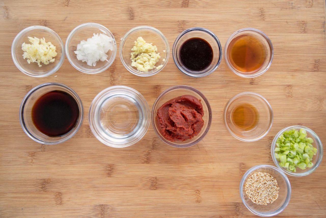 ingredients in glass bowls to make Korean Barbecue sauce
