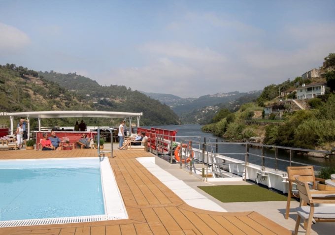 Viking Helgrim upper deck with pool in foreground with Douro Valley in background