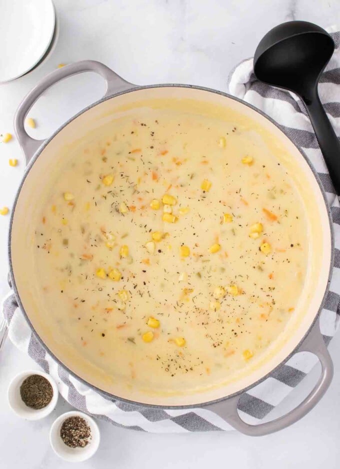 overhead view of pot of corn chowder 
