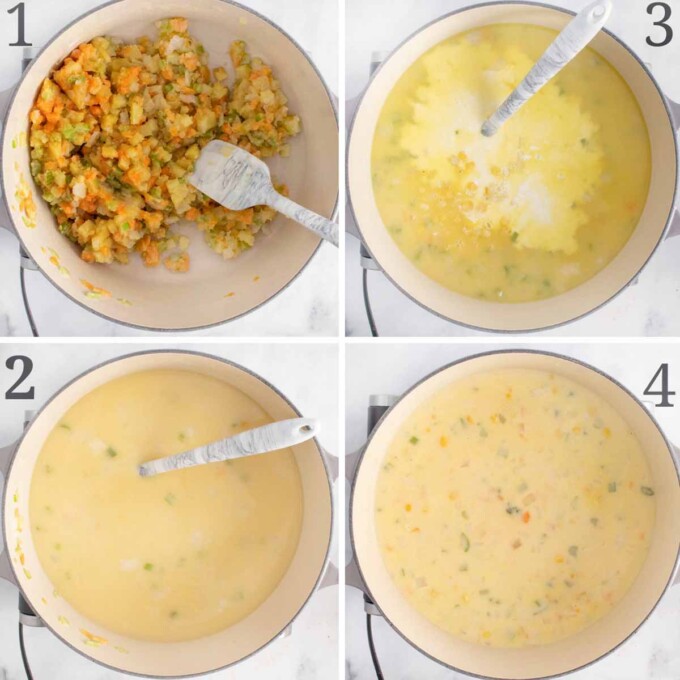 four images showing how to finish making corn chowder