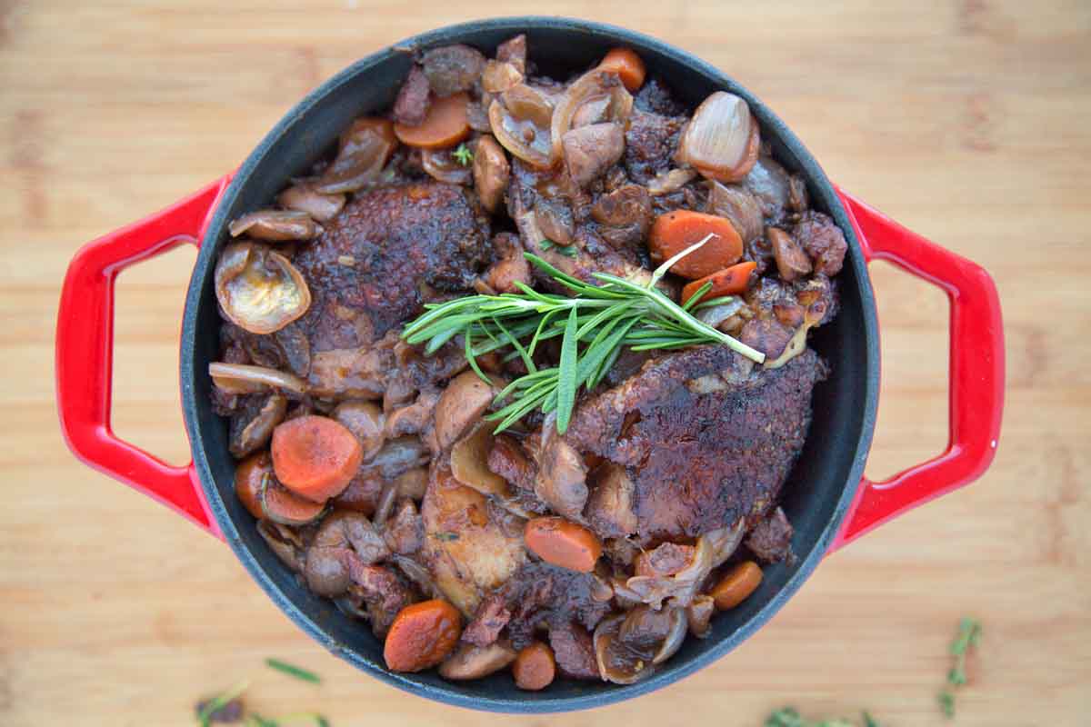 Coq au Vin in red dutch oven