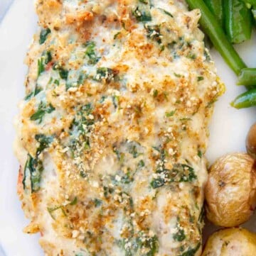 baked stuffed salmon with potatoes and green beans