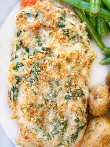 baked stuffed salmon with potatoes and green beans