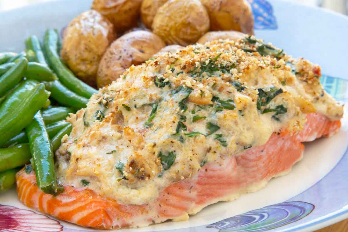 Baked Stuffed Salmon with green beans and potatoes