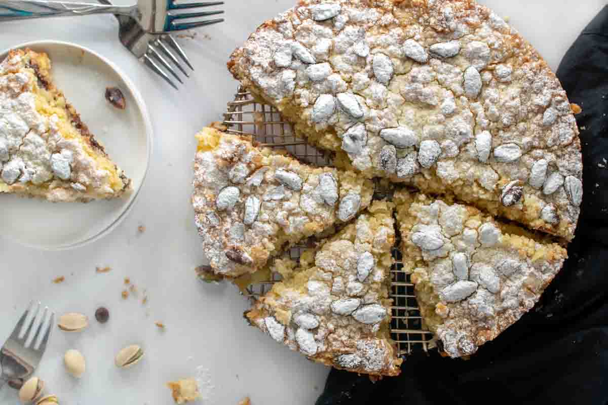 overhead shot of sliced ricotta chocolate chip cake