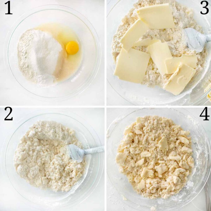 four images showing the process of making the cake batter