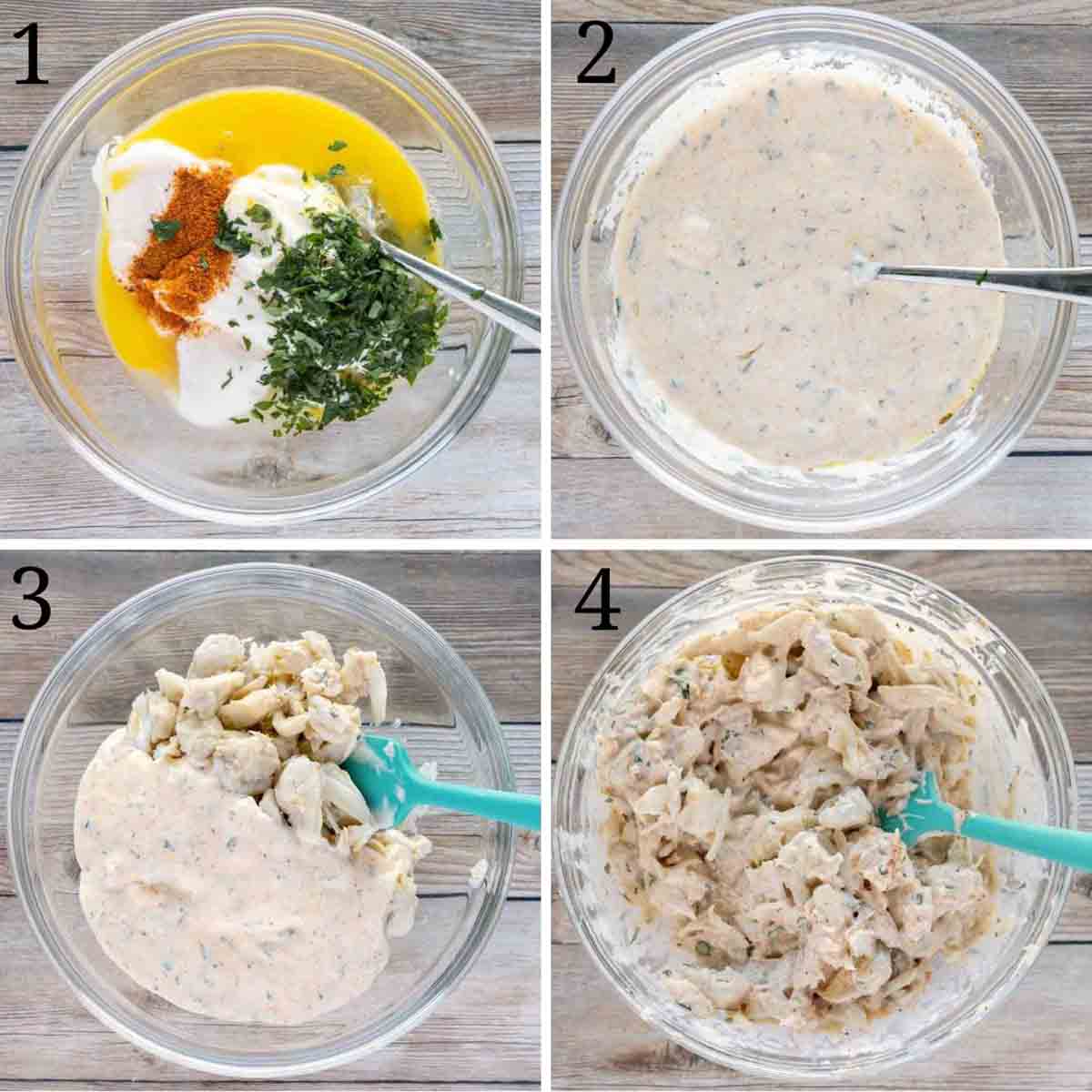 collage of steps to make crab stuffing