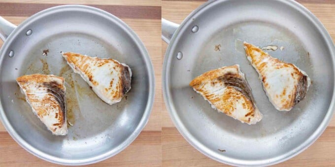 2 images showing how to cook the swordfish