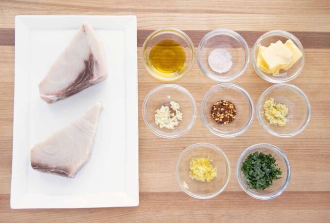 overhead view of ingredients to make pan roasted swordfish