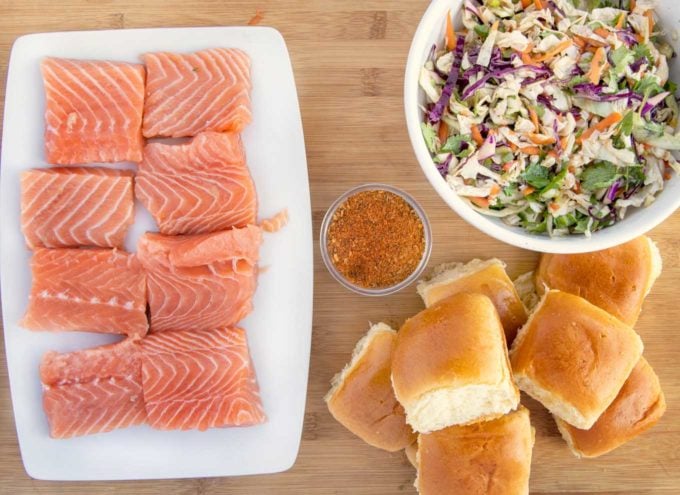 ingredients to make blackened salmon sliders with an Asian slaw