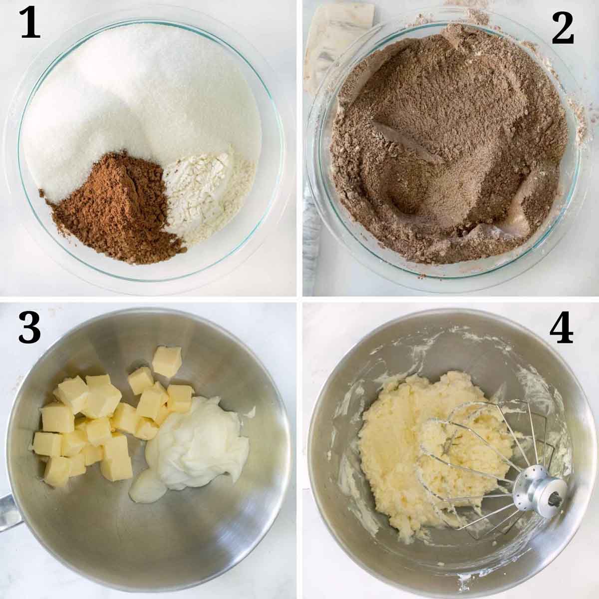 four images showing to begin making the chocolate cake