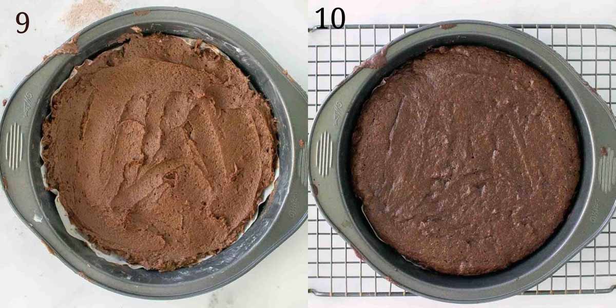 two images showing unbaked and baked chocolate cake layer