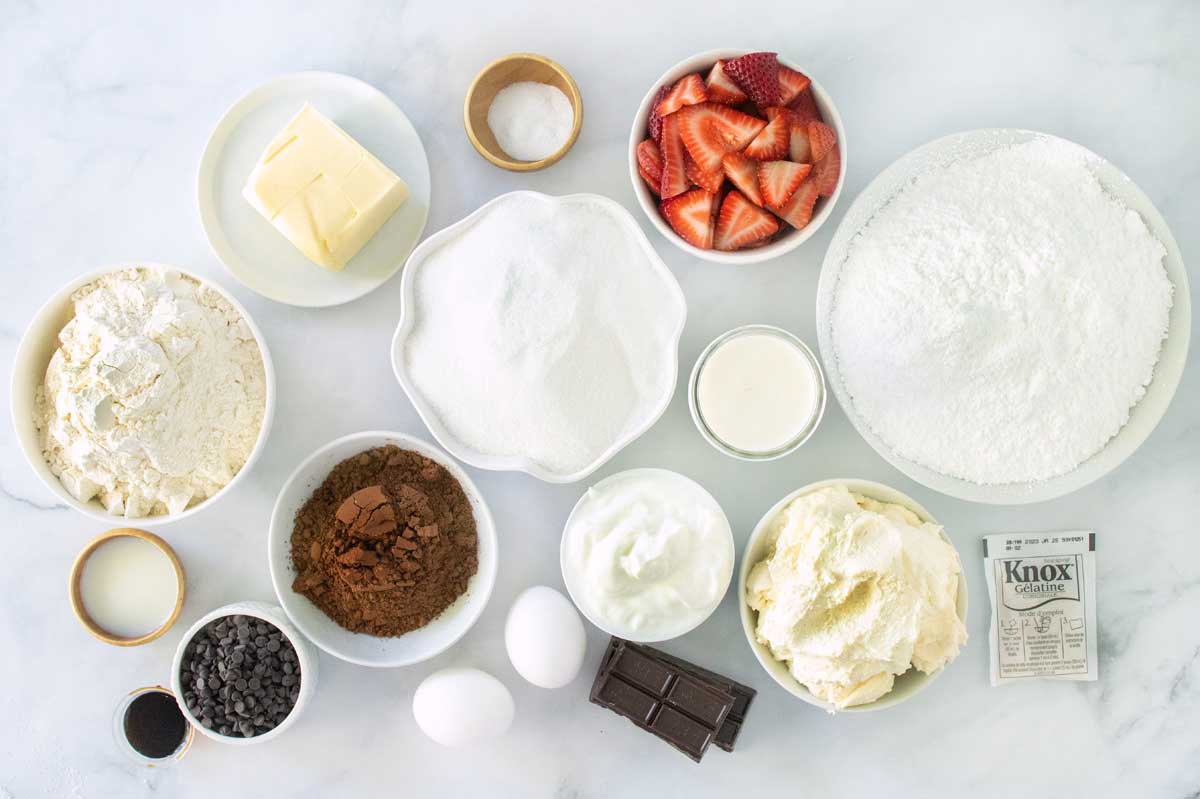 ingredients to make a chocolate cake, frosting and filling