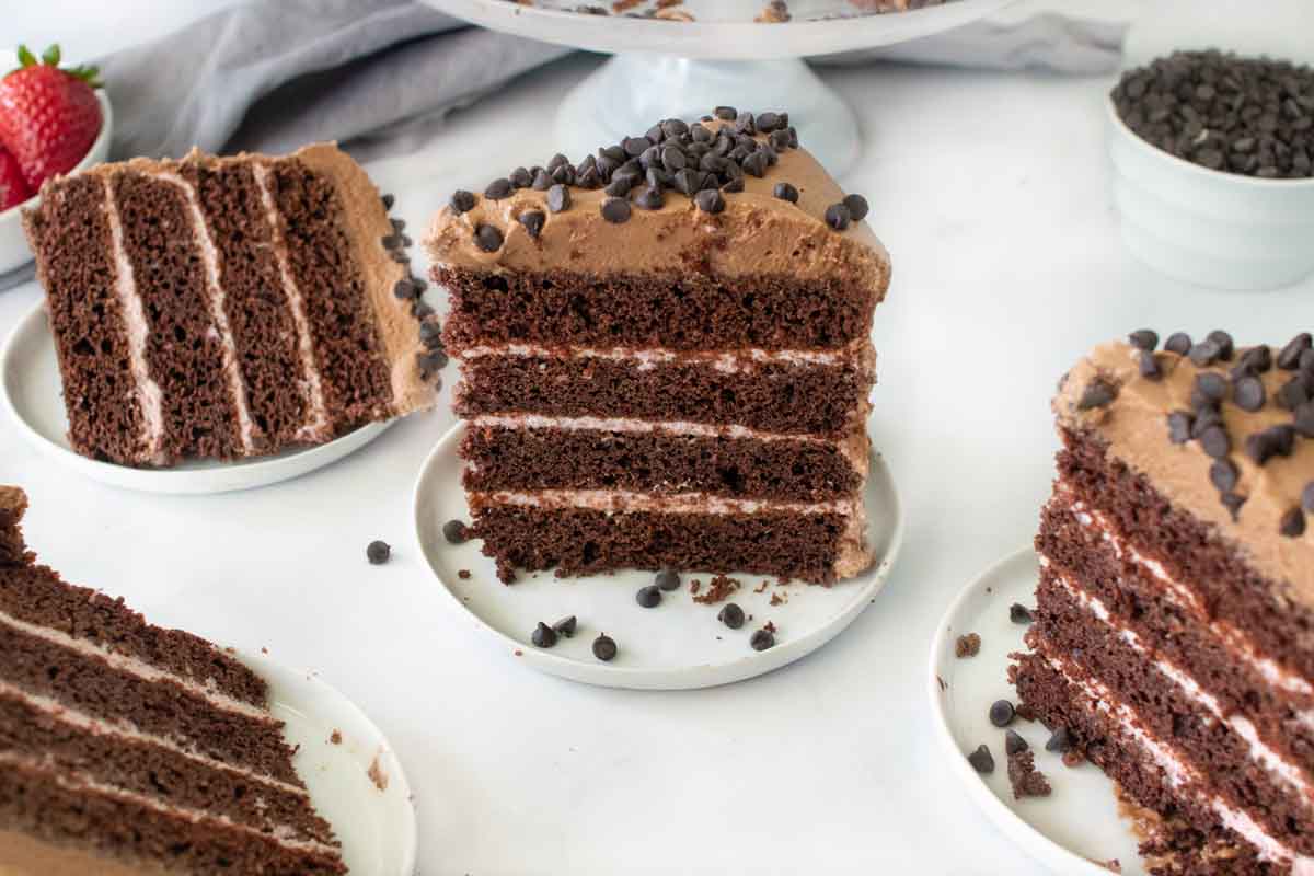 grouping of slices of chocolate cake on white plates