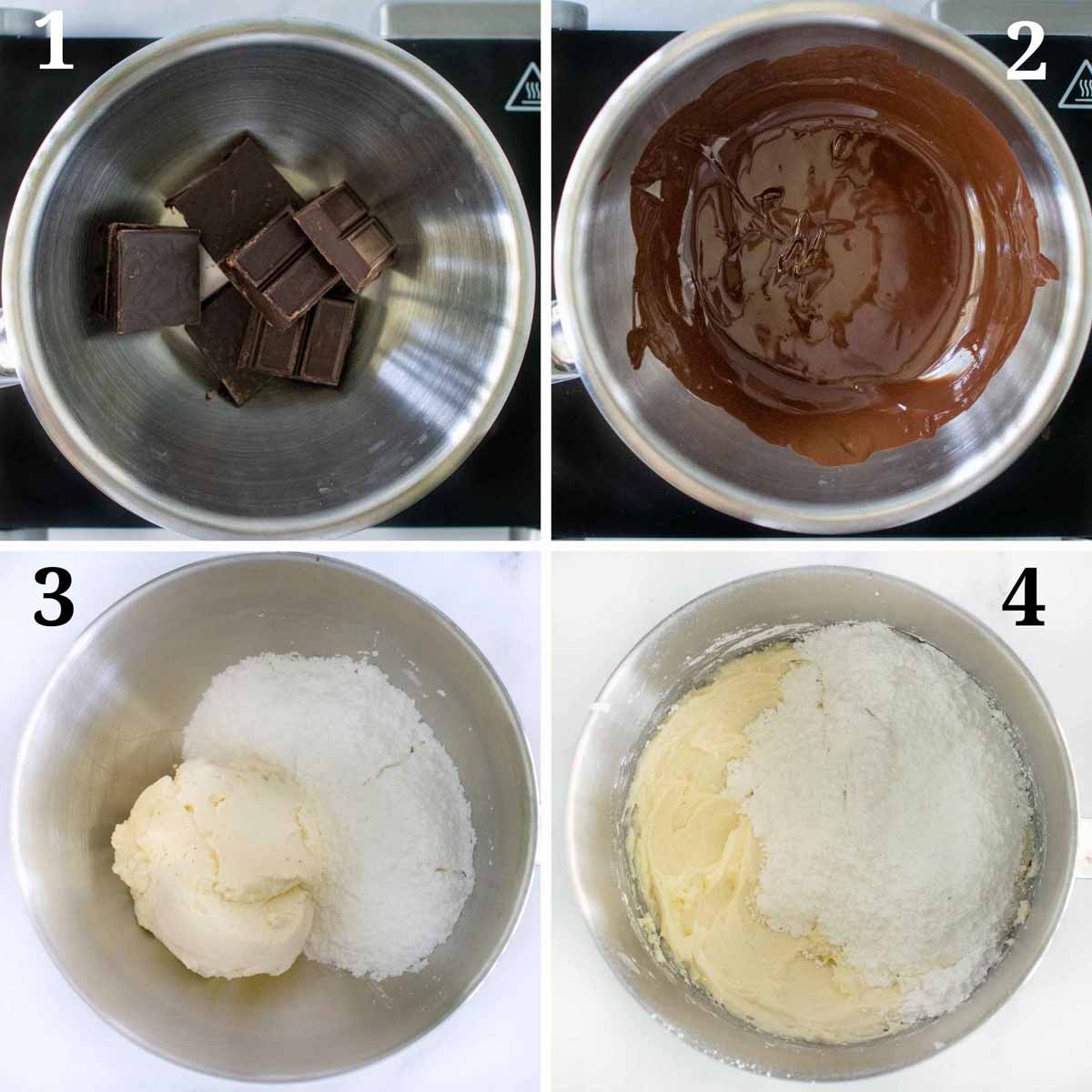 four images showing how to make chocolate frosting
