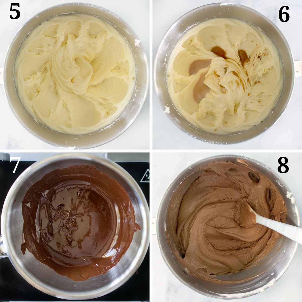 four images showing the next steps in making chocolate frosting