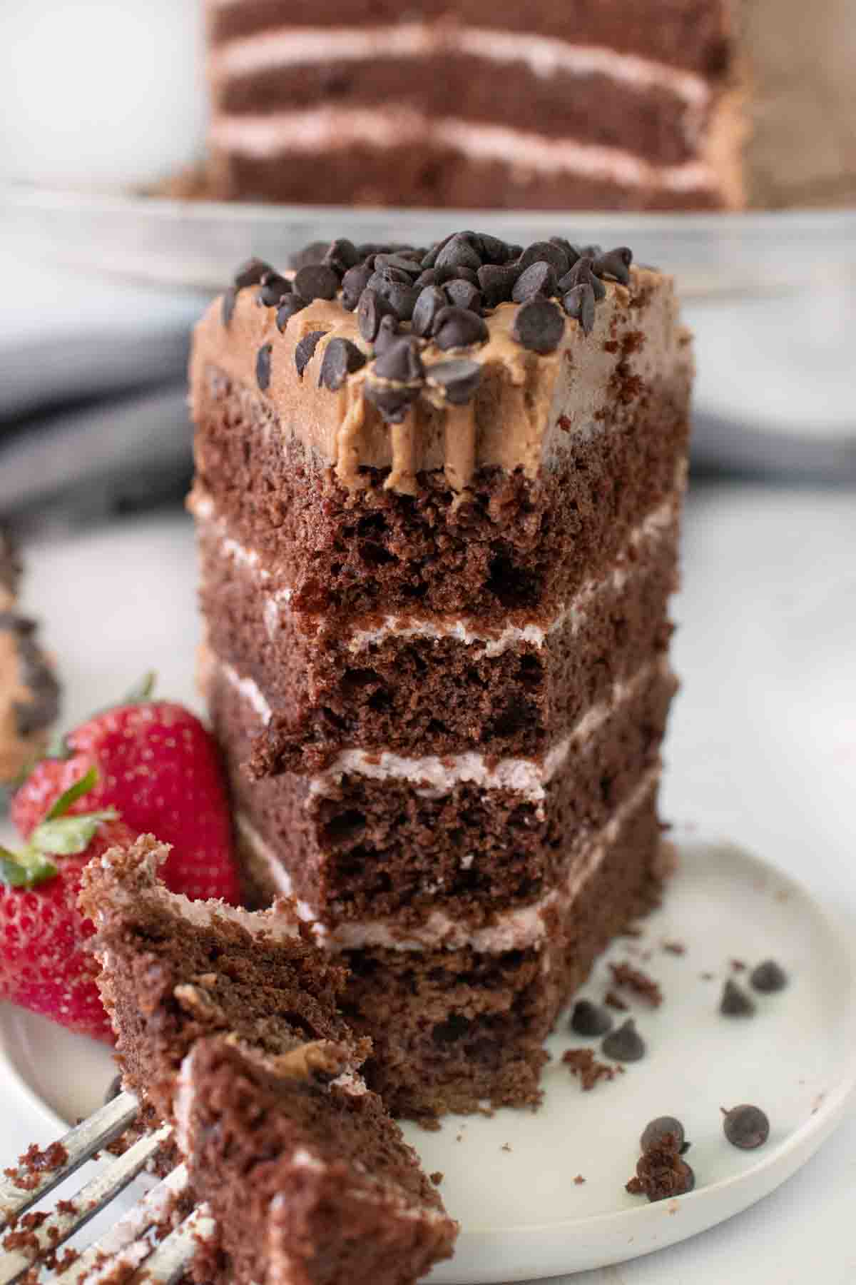 slice of chocolate cake on a white plate with a fork cutting a piece out of the cake