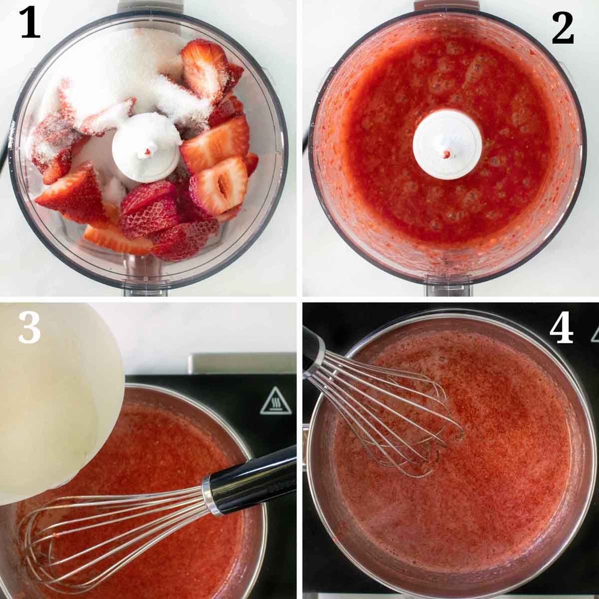 four images showing how to make strawberry mousse
