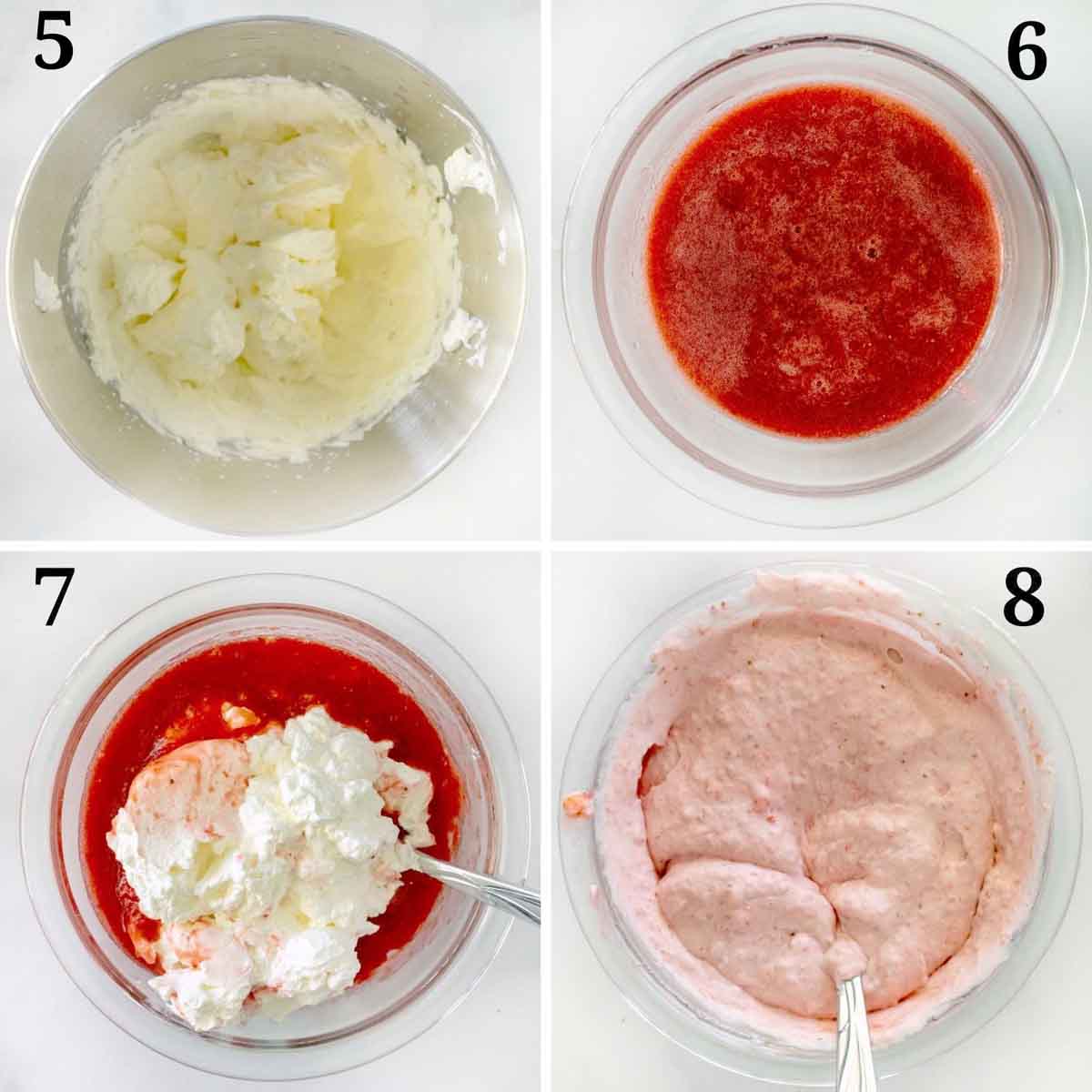 four images showing how to finish making strawberry mousse