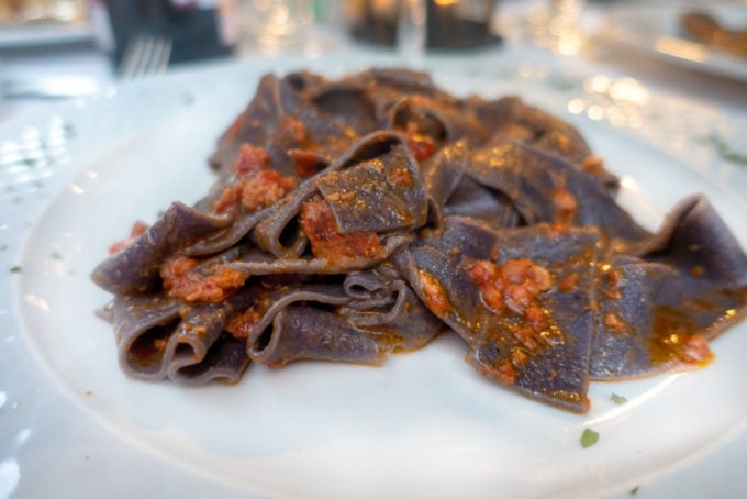 Blueberry pappardelle with duck ragout on a white plate