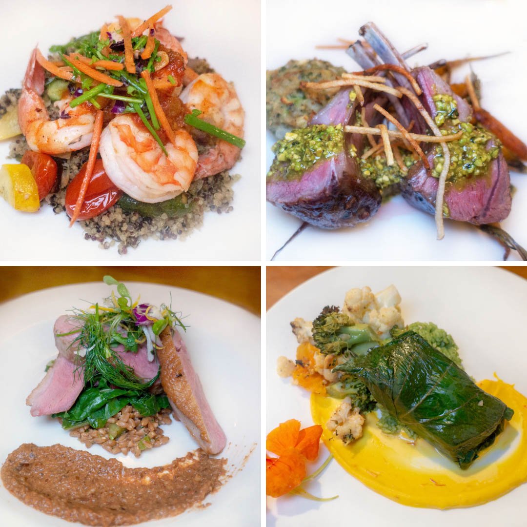 Collage of entrees served on the Safari Endeavour.