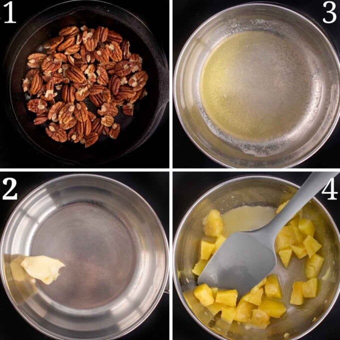 four images showing how to begin making the pecan and fruit sauce