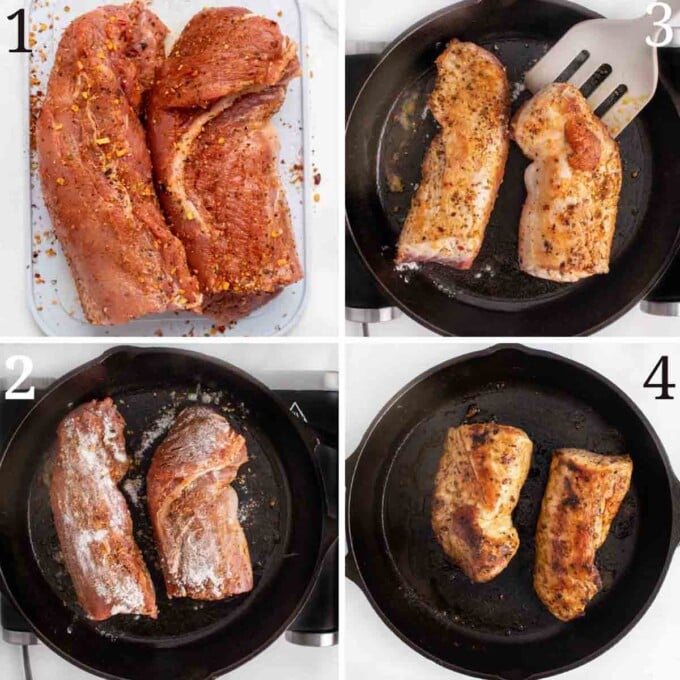 four images showing how to prepare the peppered pork tenderloin