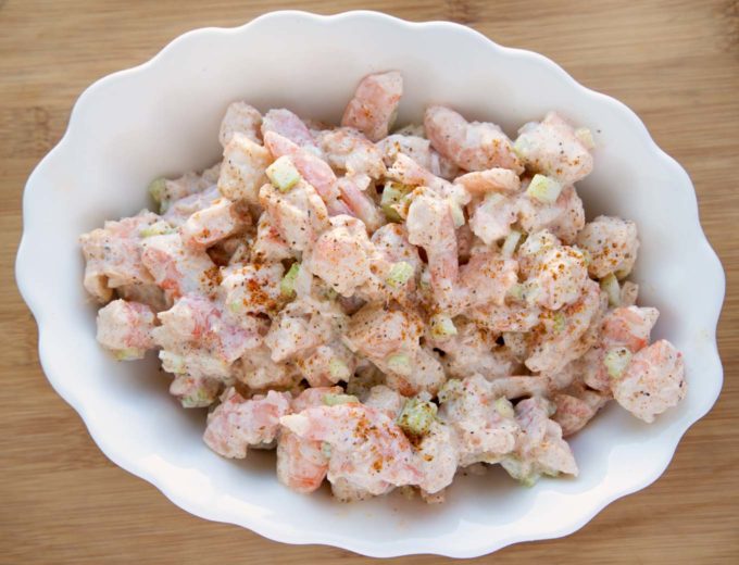 shrimp salad in white bowl