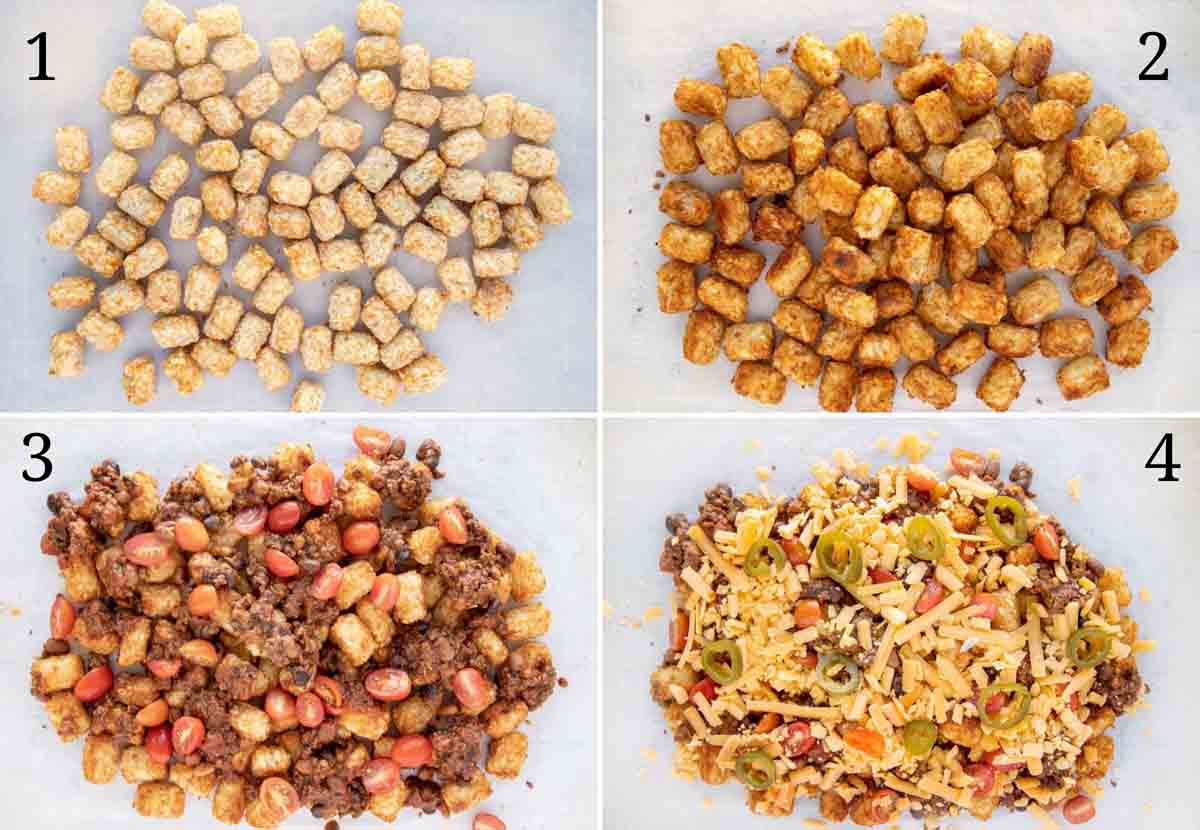 four images showing how to make tater tot nachos