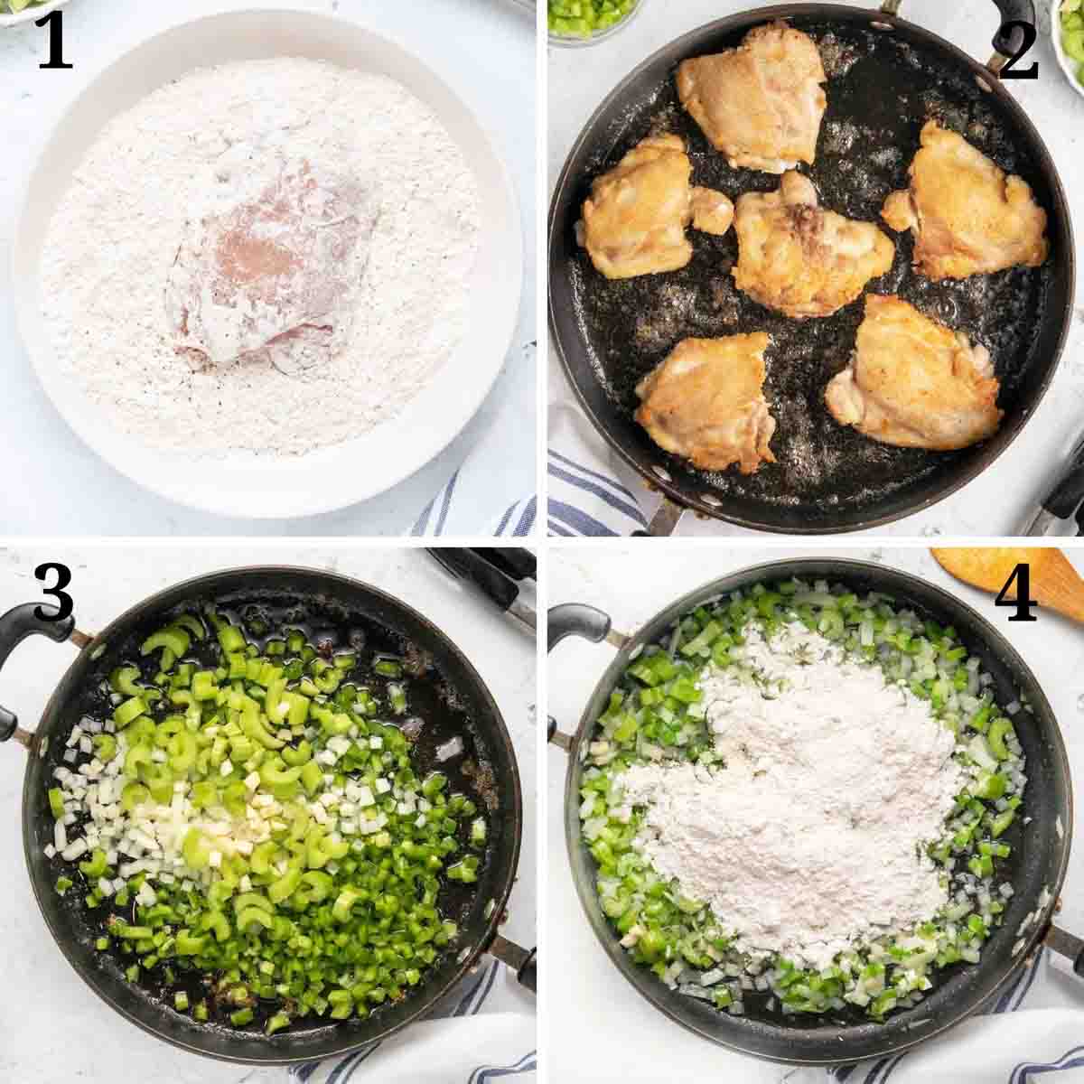 four images showing the first steps in making chicken gumbo