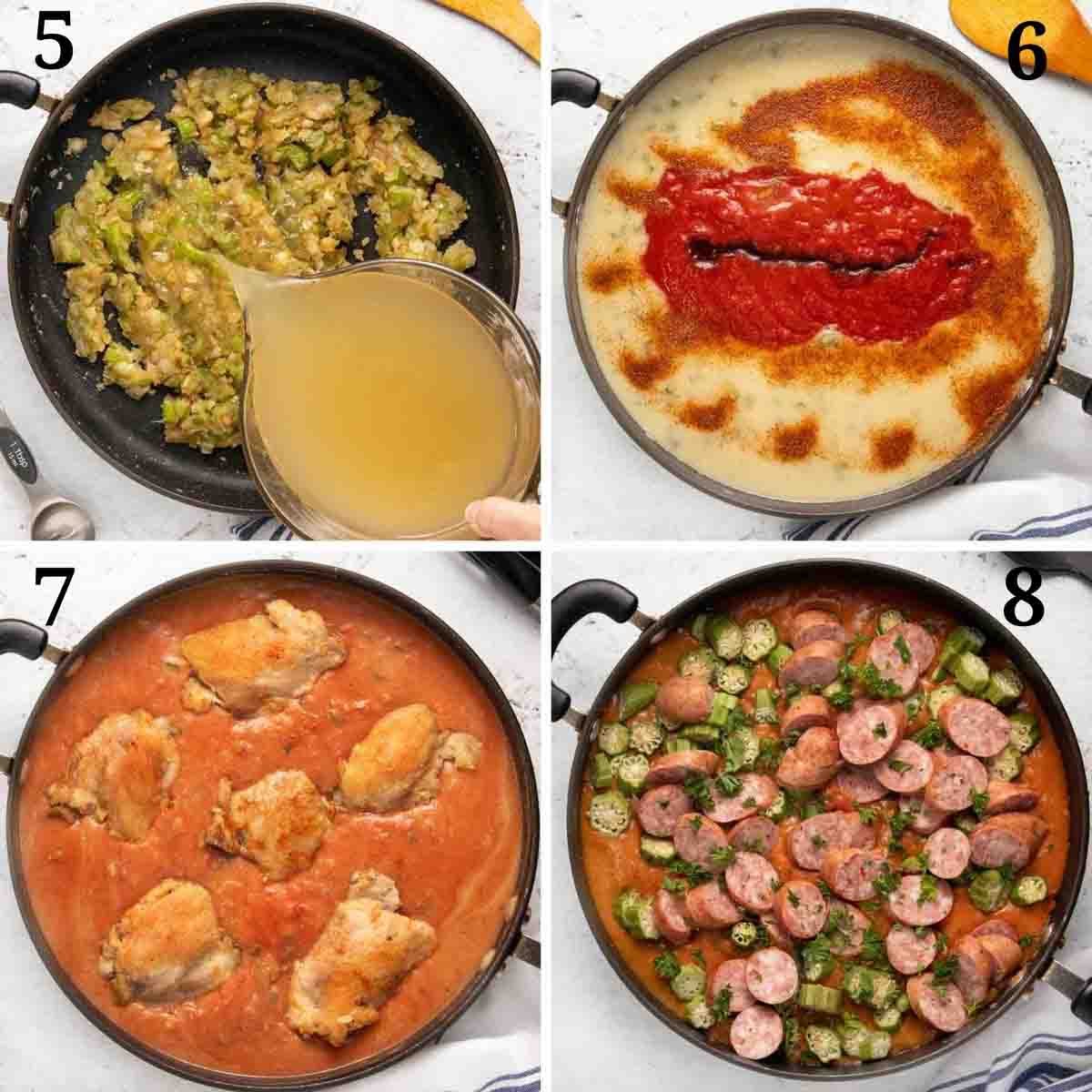 four images showing the next steps in making chicken gumbo