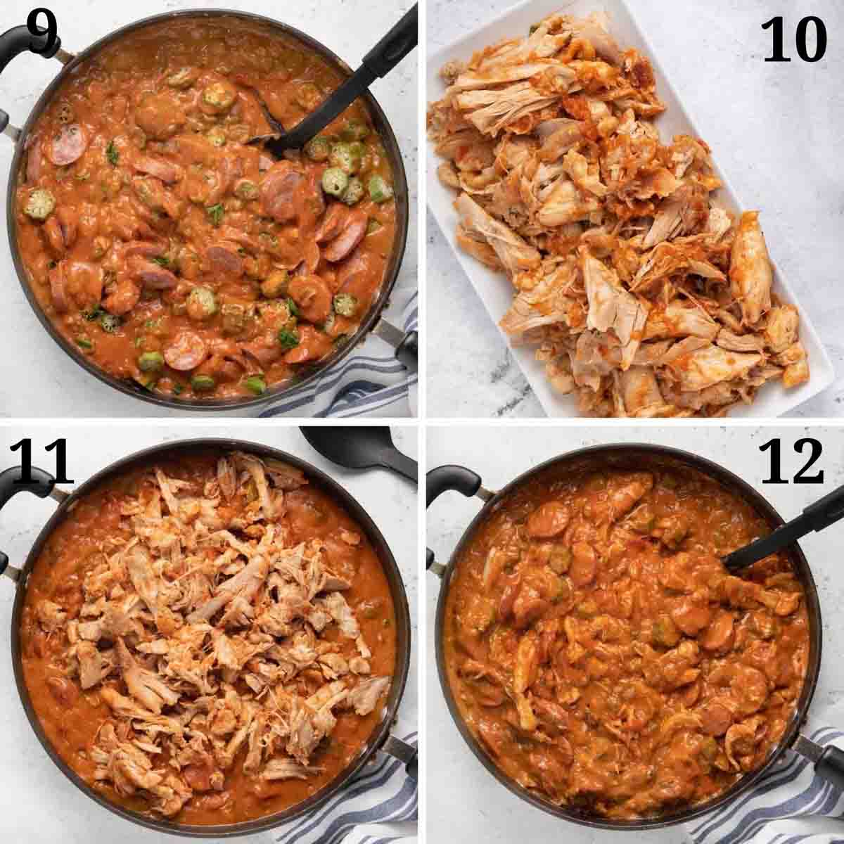 four images showing the final steps in making chicken gumbo