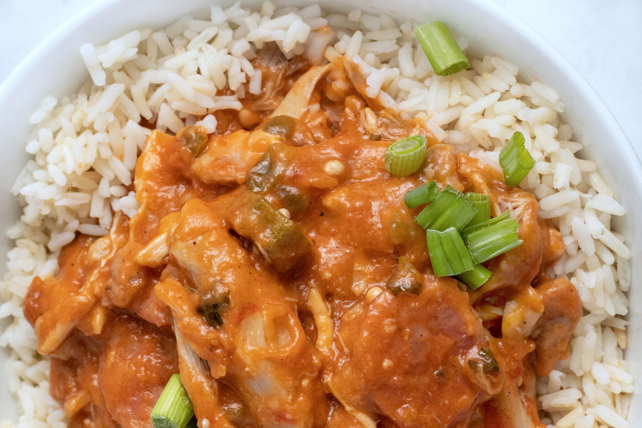 close up  of chicken gumbo over rice in a white bowl