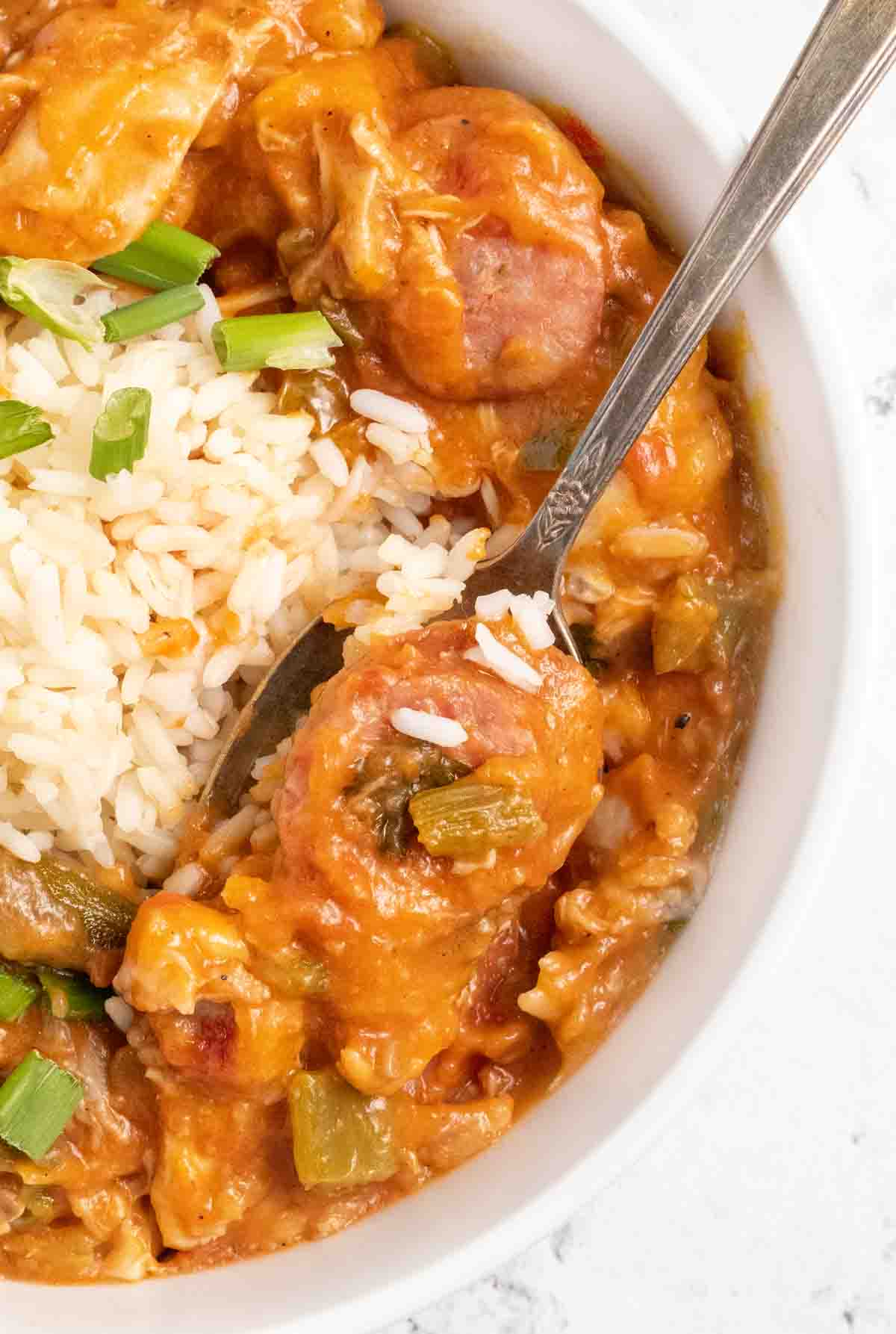 chicken gumbo with rice and a spoon in a white bowl