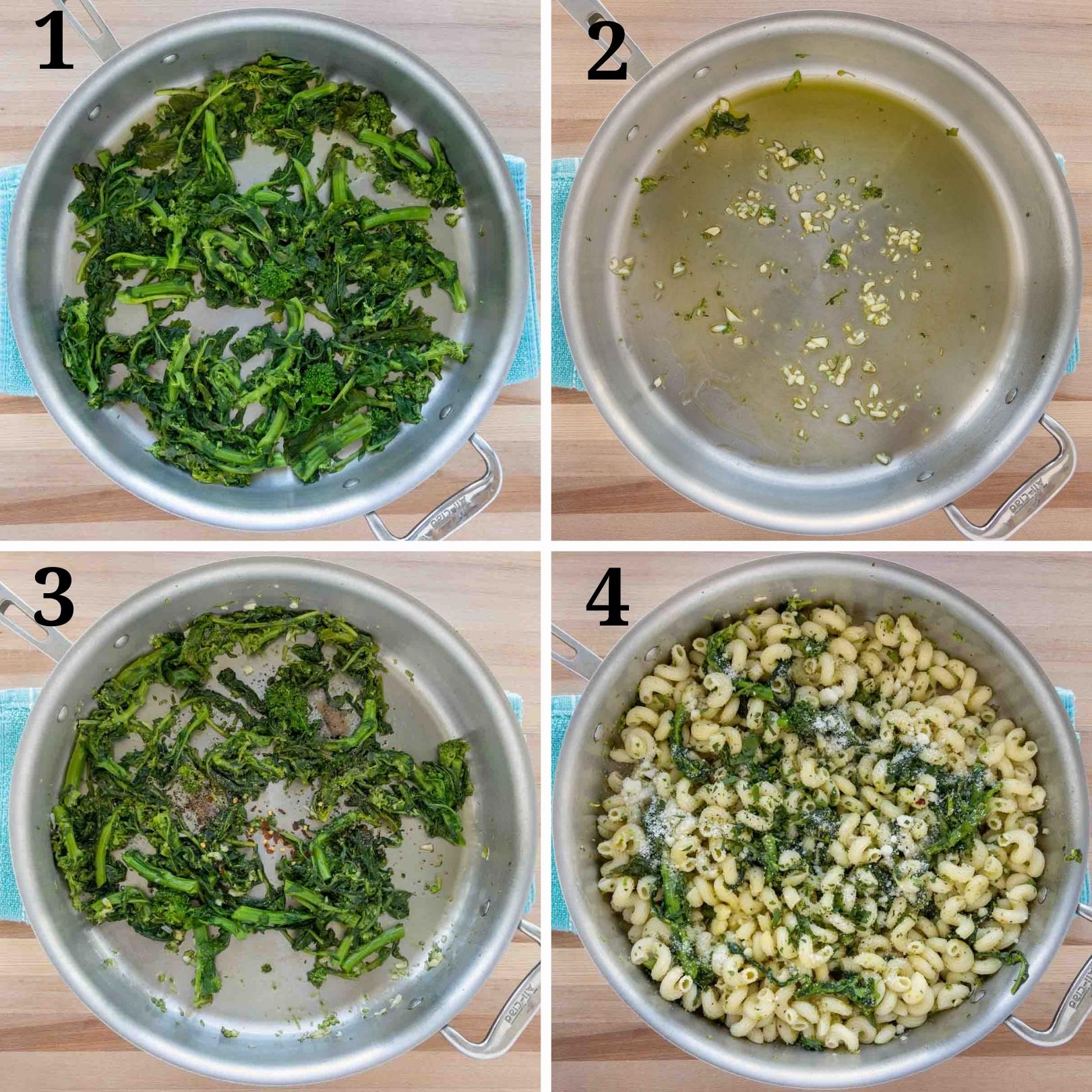 four images showing how to make pasta aioli with broccoli rabe