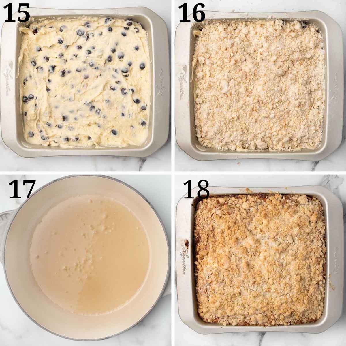 four images showing the last steps in making a blueberry buckle