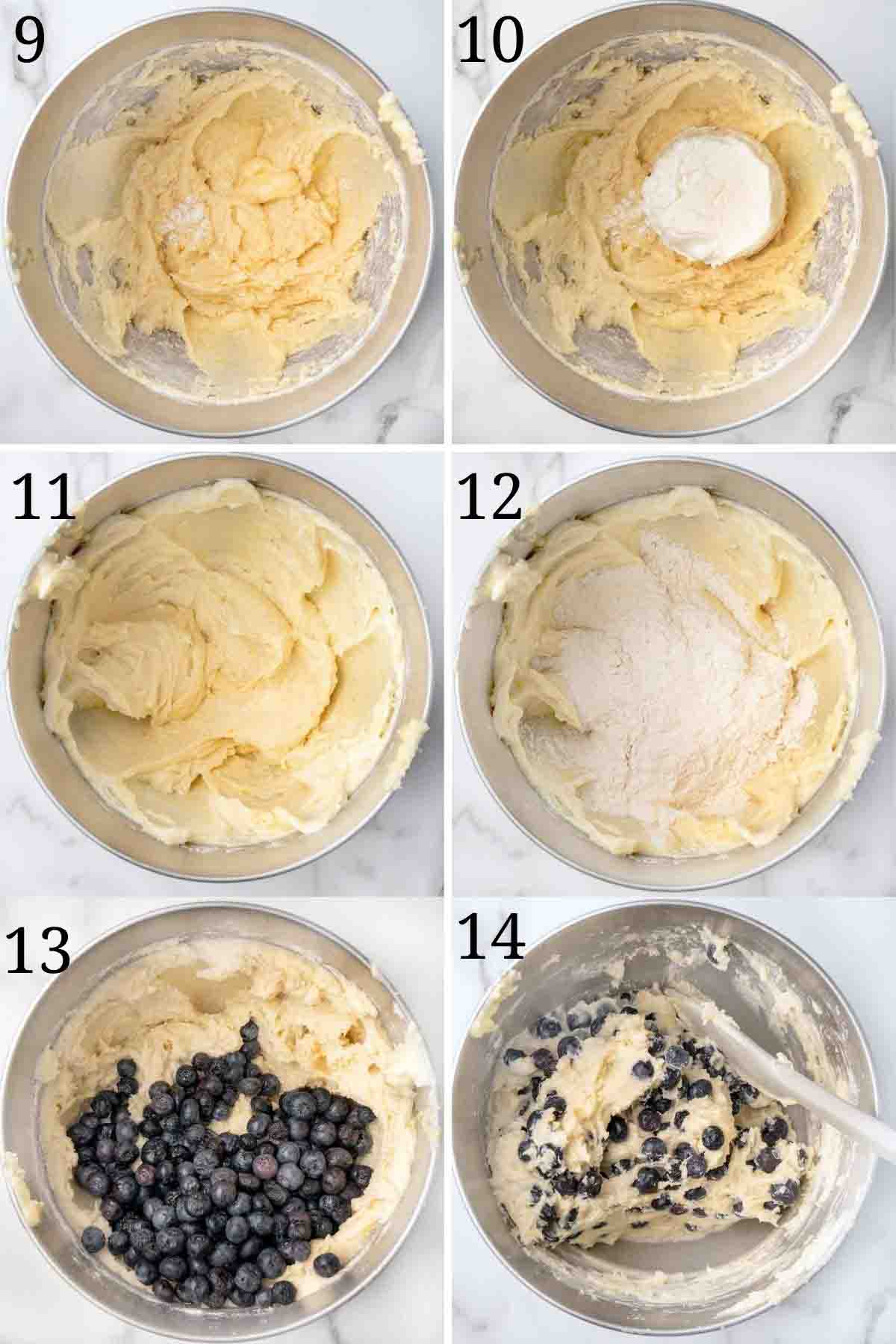 six images showing how to finish making blueberry buckle.