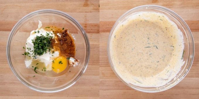 ingredients for imperial sauce in one bowl, with the finished sauce in another bowl