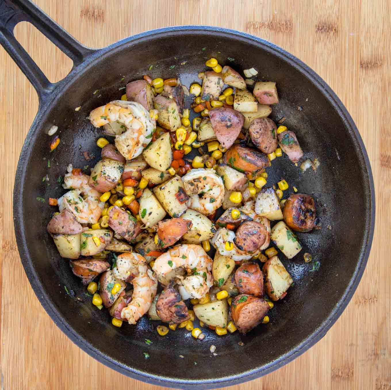 low country breakfast in cast iron skillet without the eggs