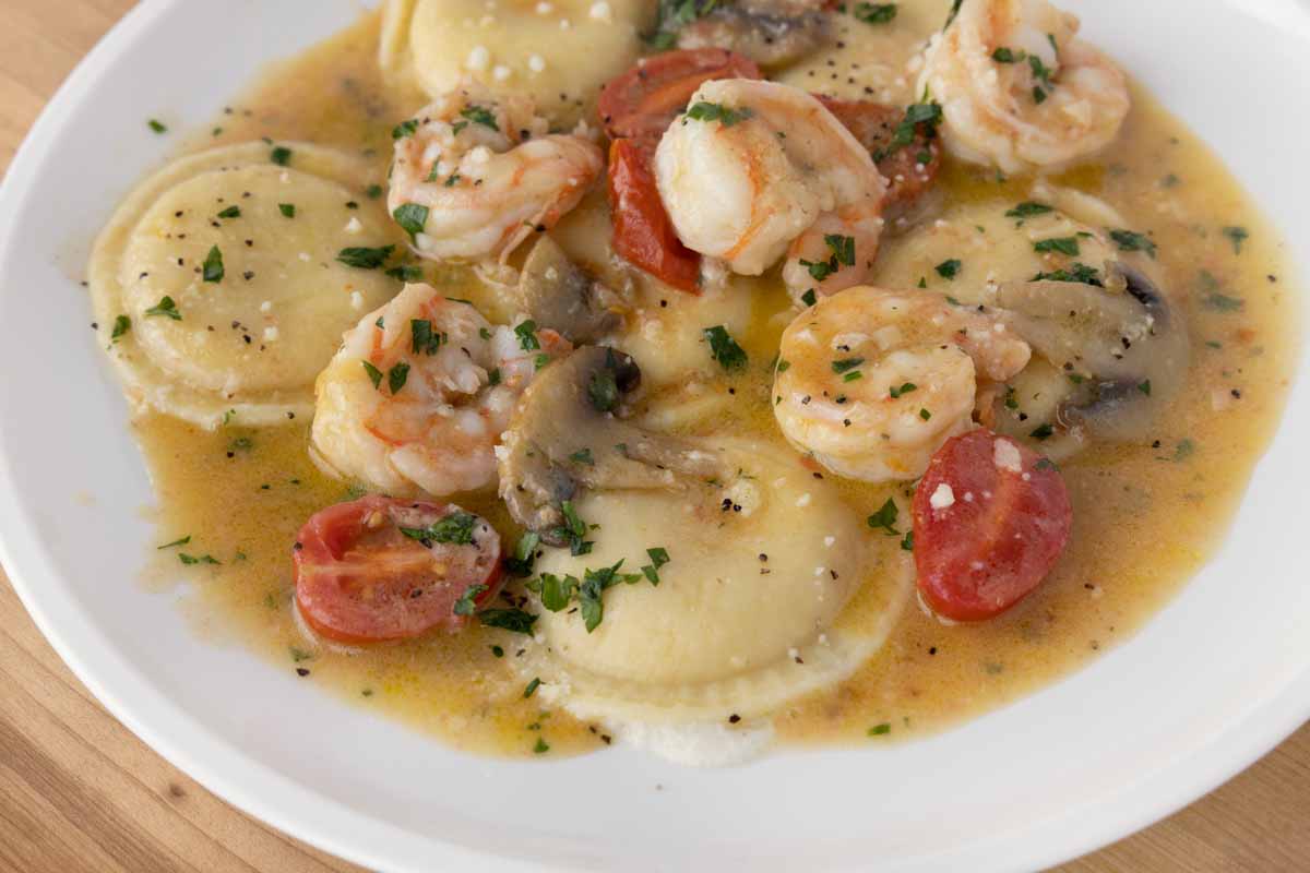 close up of ravioli shrimp scampi