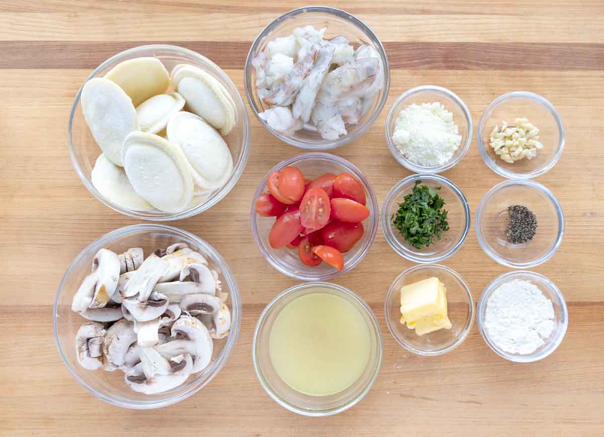 ingredients to make ravioli and shrimp scampi